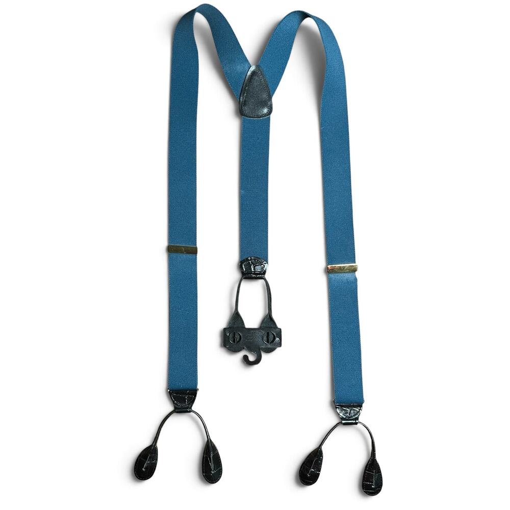 Vintage 90s Pelican USA Teal Blue Leather Trim Button End Braces Suspenders NEW